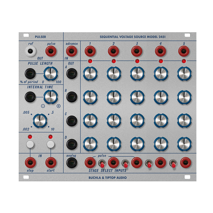 Eurorack module with multiple rotary knobs, push buttons, toggle switches, and 3.5mm audio jacks on grey panel.