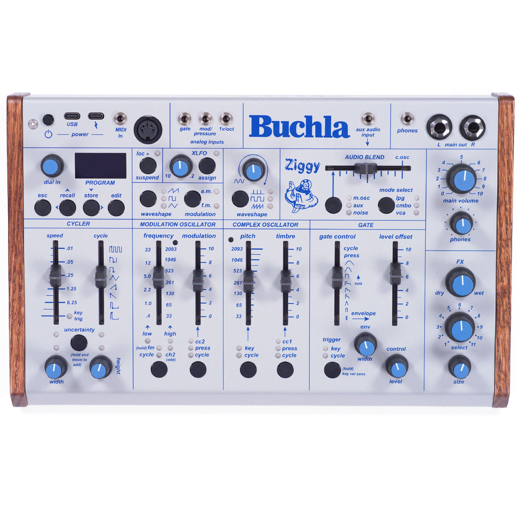 Top view of a Buchla Ziggy analog desktop synthesizer with wooden side panels and blue control knobs and sliders.
