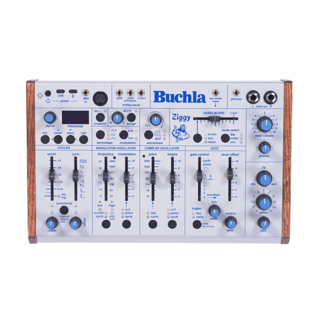 Front view of a Buchla Ziggy synthesizer module with multiple knobs, sliders, buttons, and audio connectors.