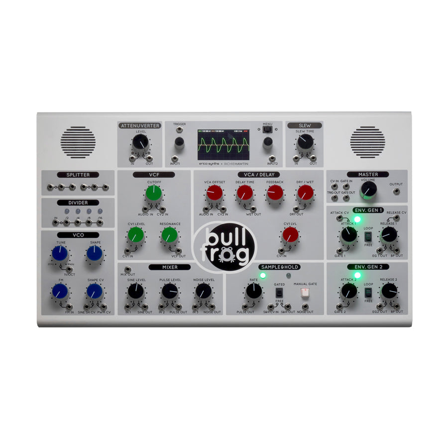 White Erica Synths Bullfrog XL synthesizer with multiple knobs, jacks, buttons, and a small waveform display.