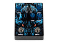 Black and blue guitar effects pedal with four knobs, two footswitches, and toggle switch with text labels.