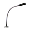 Black and silver gooseneck microphone with a round base and rotary knob on the microphone head.