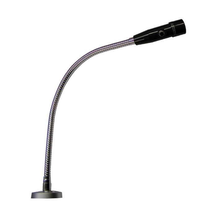 Black and silver gooseneck microphone with a round base and rotary knob on the microphone head.