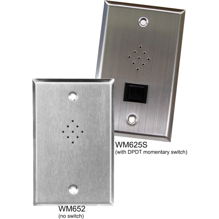 Two metal wall-mounted plates with microphone holes, one with a black momentary switch and one without.
