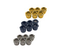 Three sets of hexagonal bushings in gold, black, and silver colors arranged on a white background.
