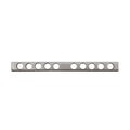 Metal bar with ten evenly spaced round holes on a white background.