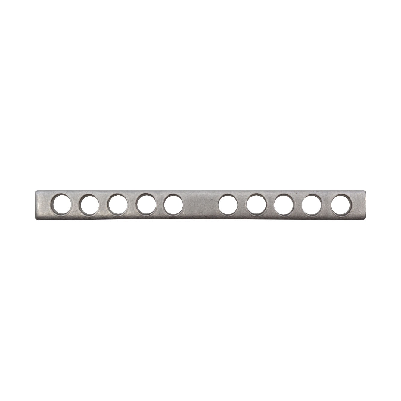 Metal bar with ten evenly spaced round holes on a white background.