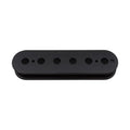 Black plastic pickup bobbin with six large and two small holes, viewed frontally.