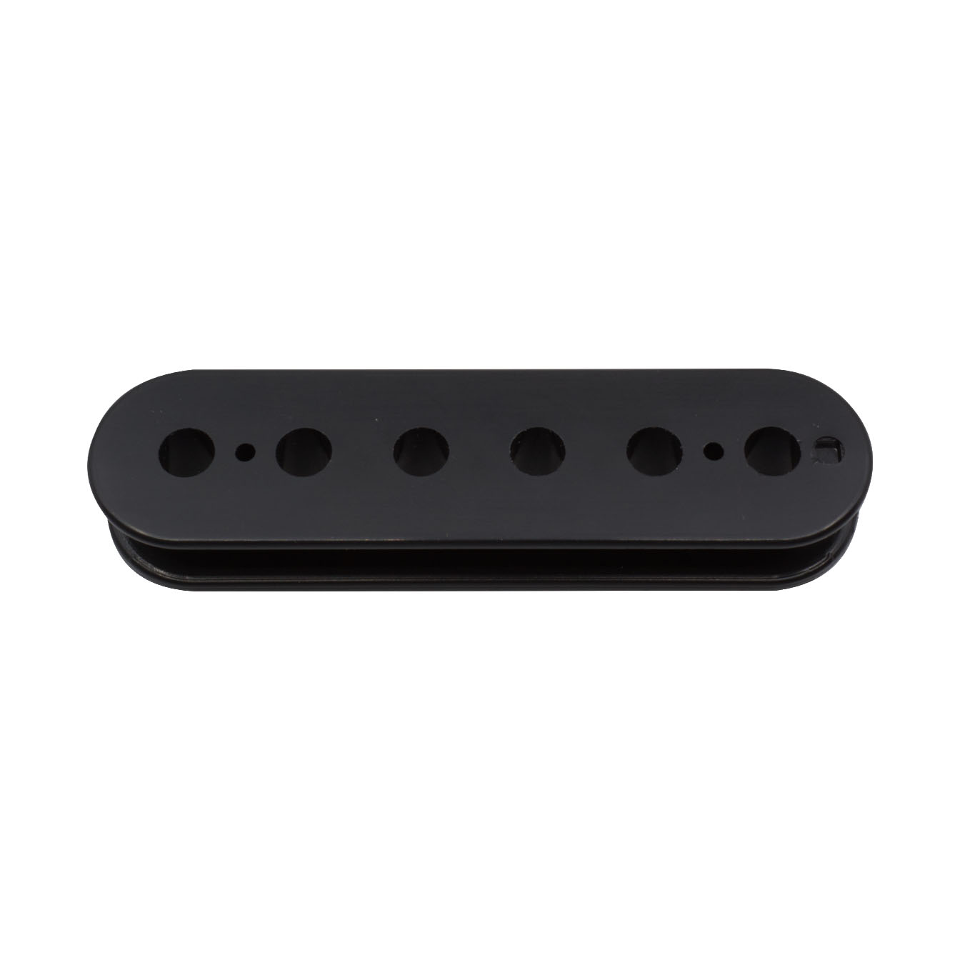 Black plastic pickup bobbin with six large and two small holes, viewed frontally.