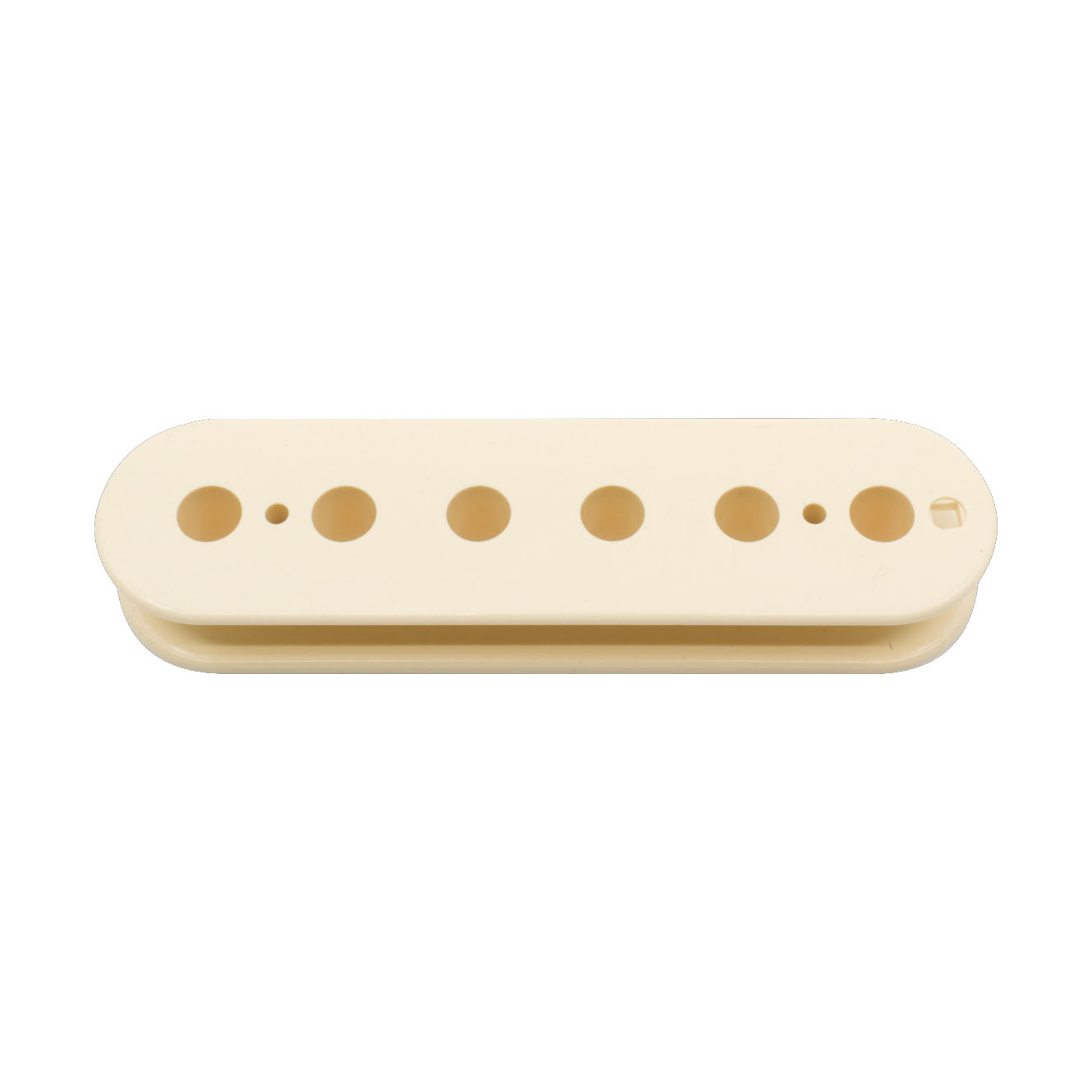 Cream-colored plastic pickup bobbin with six larger and two smaller circular holes in a row.