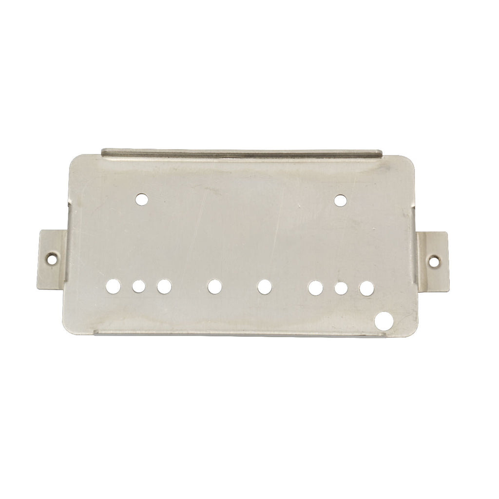 Silver metal baseplate with several evenly spaced circular holes and mounting tabs on both sides.