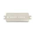 Flat metal pickup baseplate with multiple small round holes and two tabs on each side.