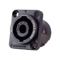 Black 2-pole keyed socket connector mounted on a square flange with screw holes.
