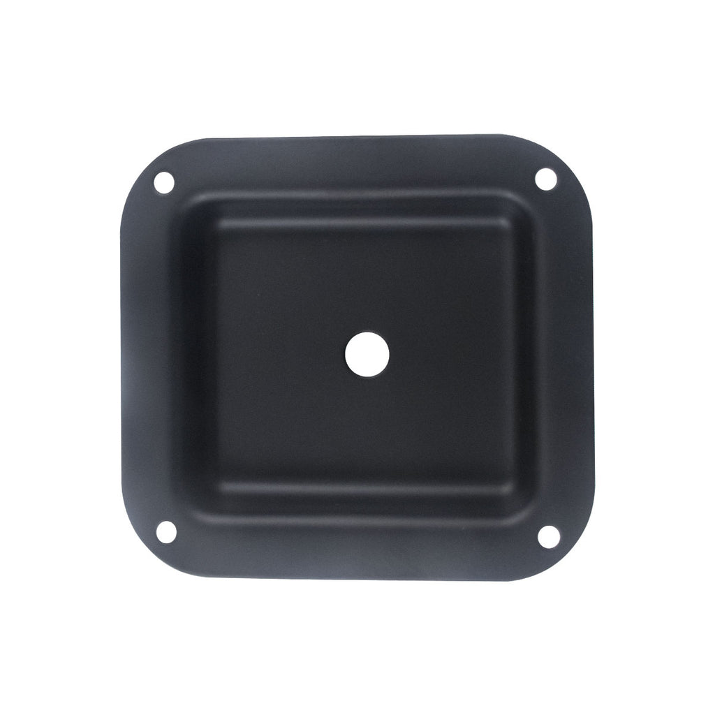 Black metal jack plate with one central hole and four corner mounting holes, square shape with rounded corners.