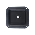 Black metal jack plate with one central hole and four corner mounting holes, square shape with rounded corners.