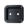 Black rectangular metal jack plate with two round cutouts and four mounting holes at corners.