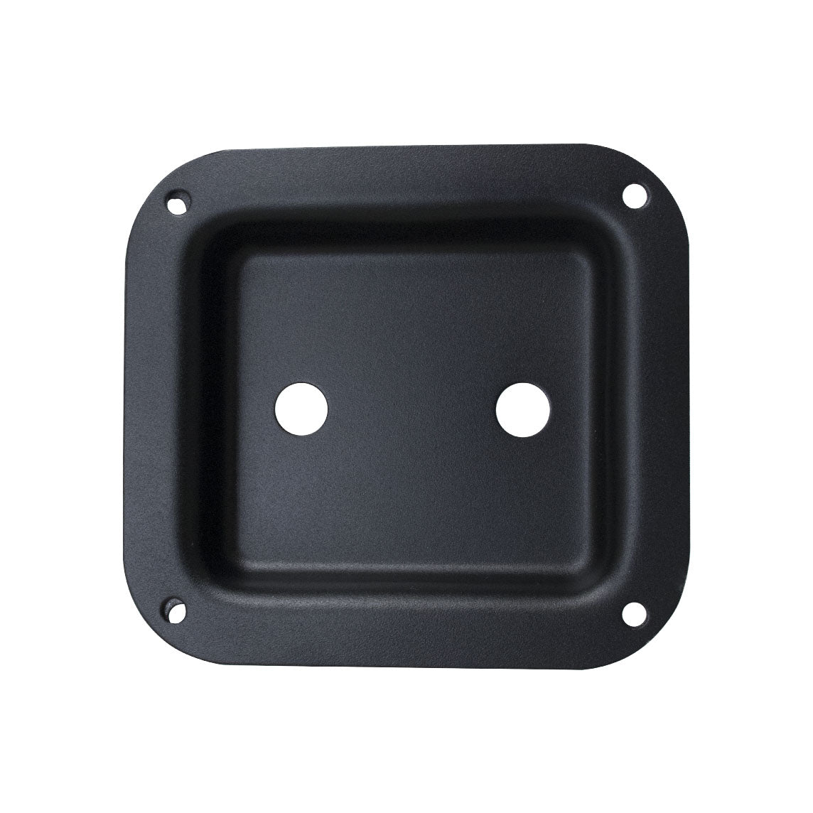 Black rectangular metal jack plate with two round cutouts and four mounting holes at corners.