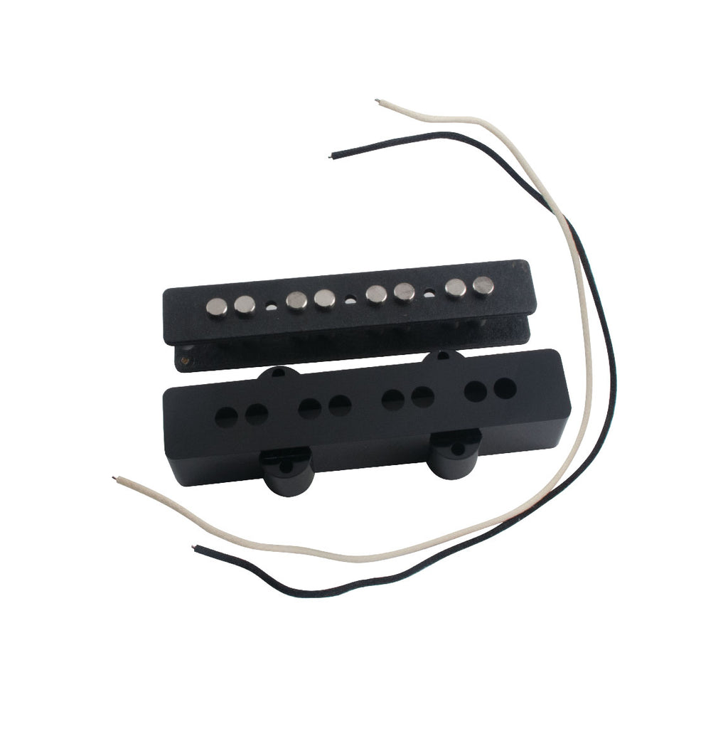 Black jazz bass pickup with two wires and a matching black pickup cover shown on a white background.