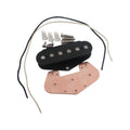 Black pickup coil with attached wires, metal screws, springs, and a copper shield plate are shown on a white background.