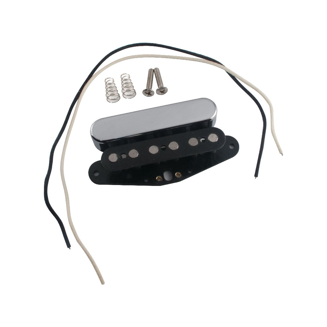 Guitar pickup with cover, two springs, two screws, and black and white wires.