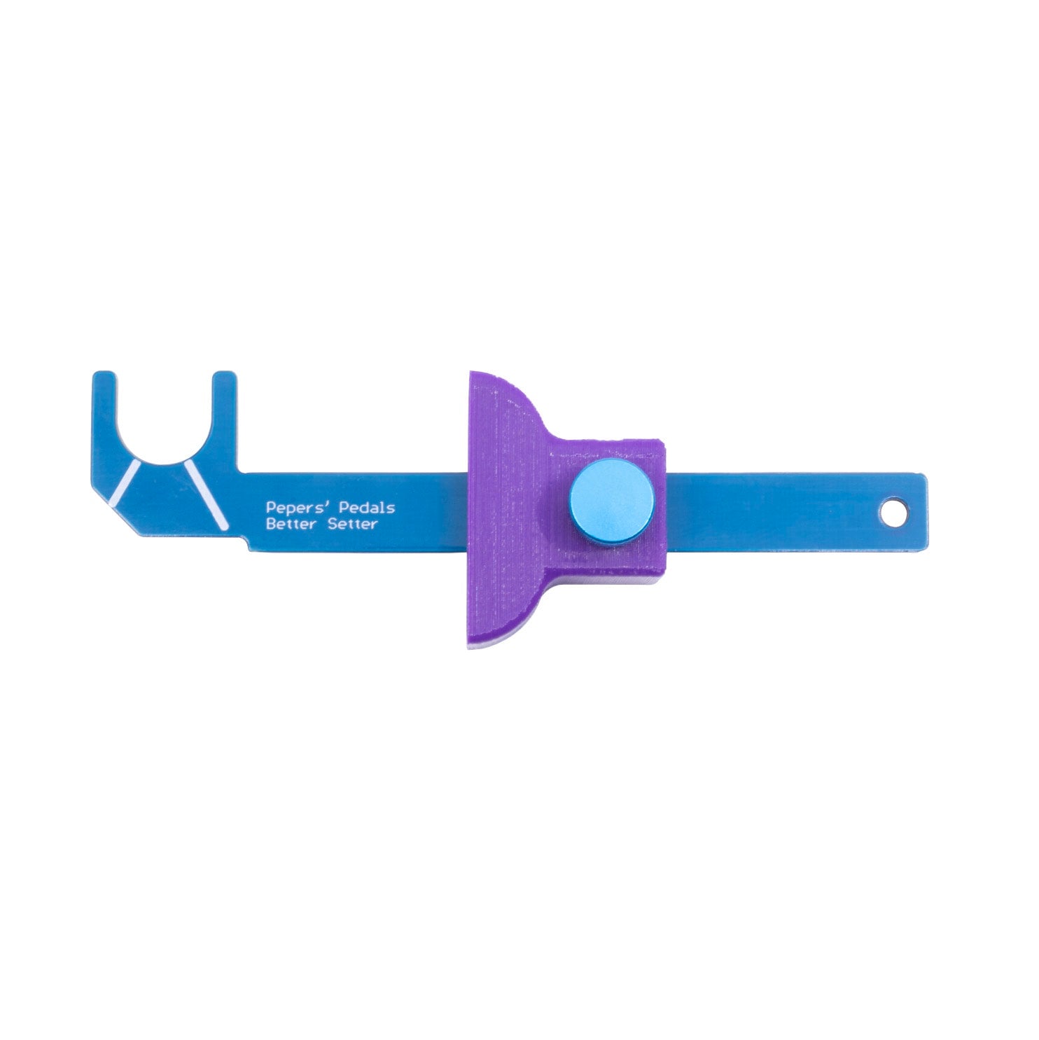 Blue and purple knob alignment tool with a U-shaped end and a single blue adjustment knob on a slide track.