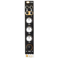 Front panel of a black audio module with four knobs, four audio jacks, and labeled controls for high, mid, low, and compression.