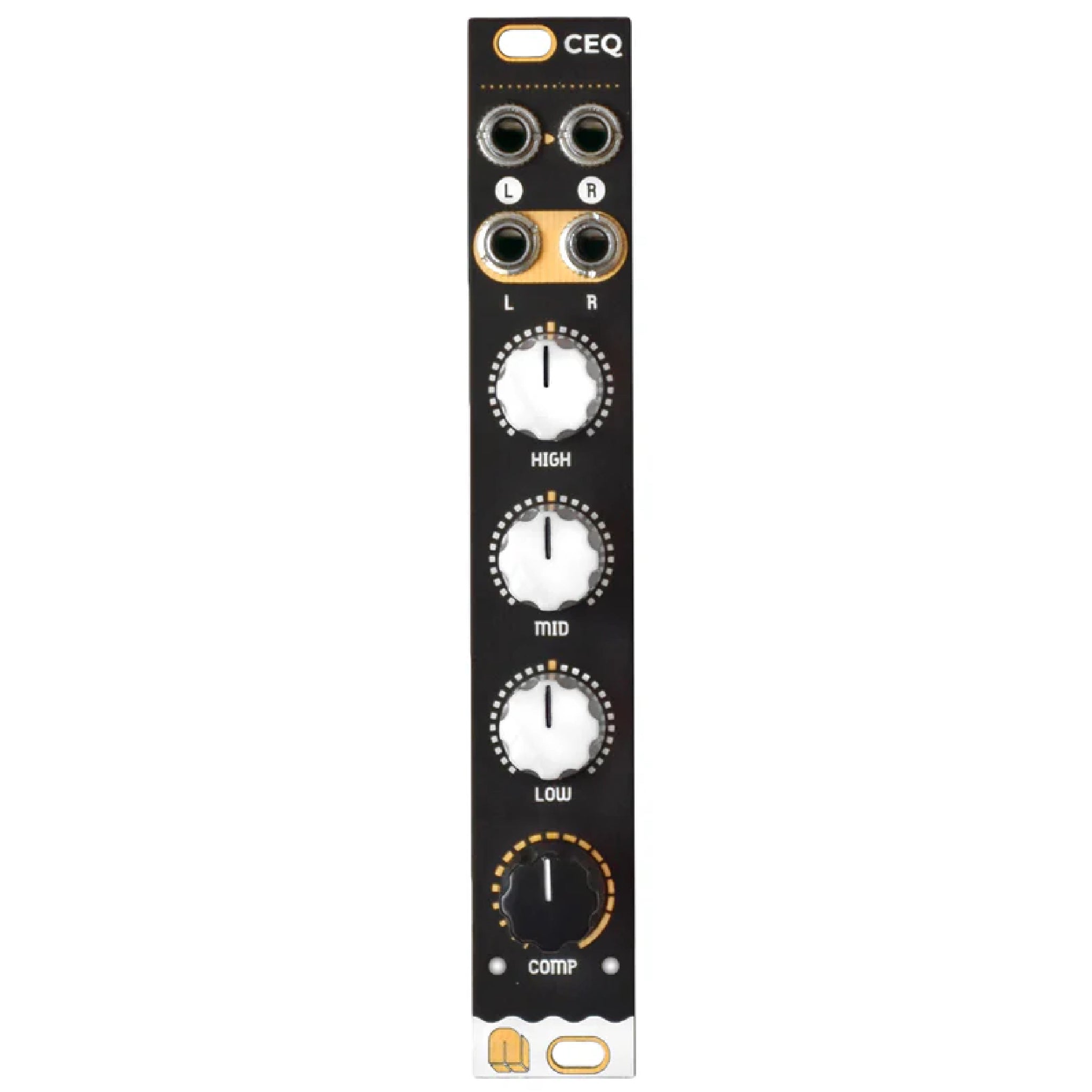 Front panel of a black audio module with four knobs, four audio jacks, and labeled controls for high, mid, low, and compression.