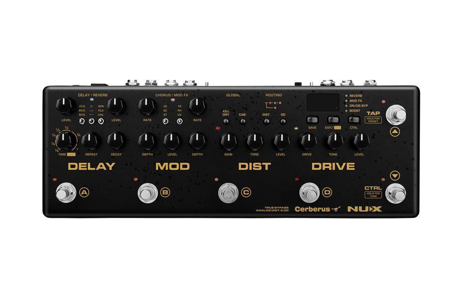 Black multi-function guitar effects pedal with knobs, footswitches, and LCD screen labeled Cerberus by NUX.