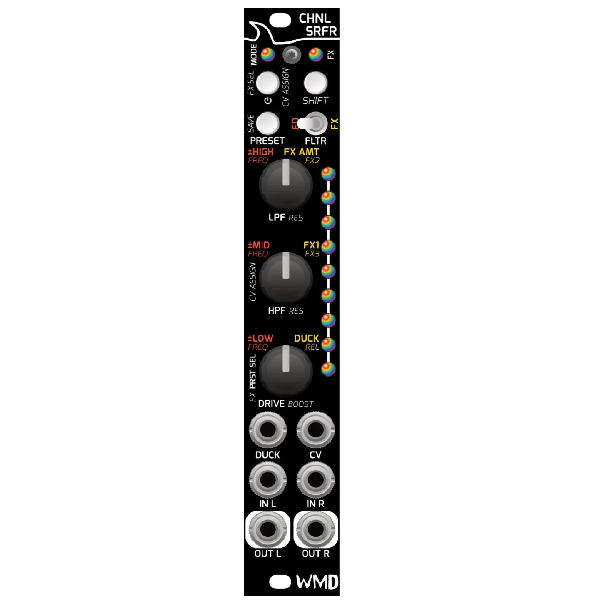 Black channel strip module with knobs, buttons, toggle switch, and multiple 3.5mm jacks labeled with audio and effect controls.