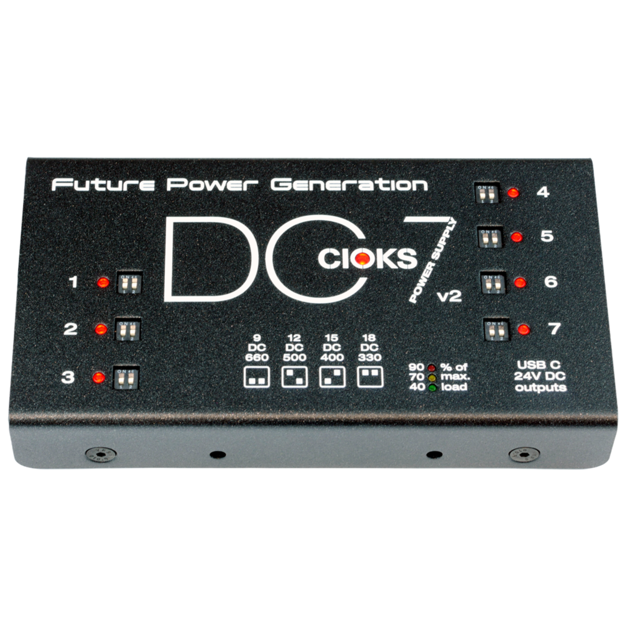 Black metal device with seven labeled DIP switches and LED indicators, marked DC7 power supply by CIOKS.