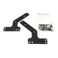 Two black metal mounting brackets with multiple holes and a small bag of screws and an Allen wrench on white background.