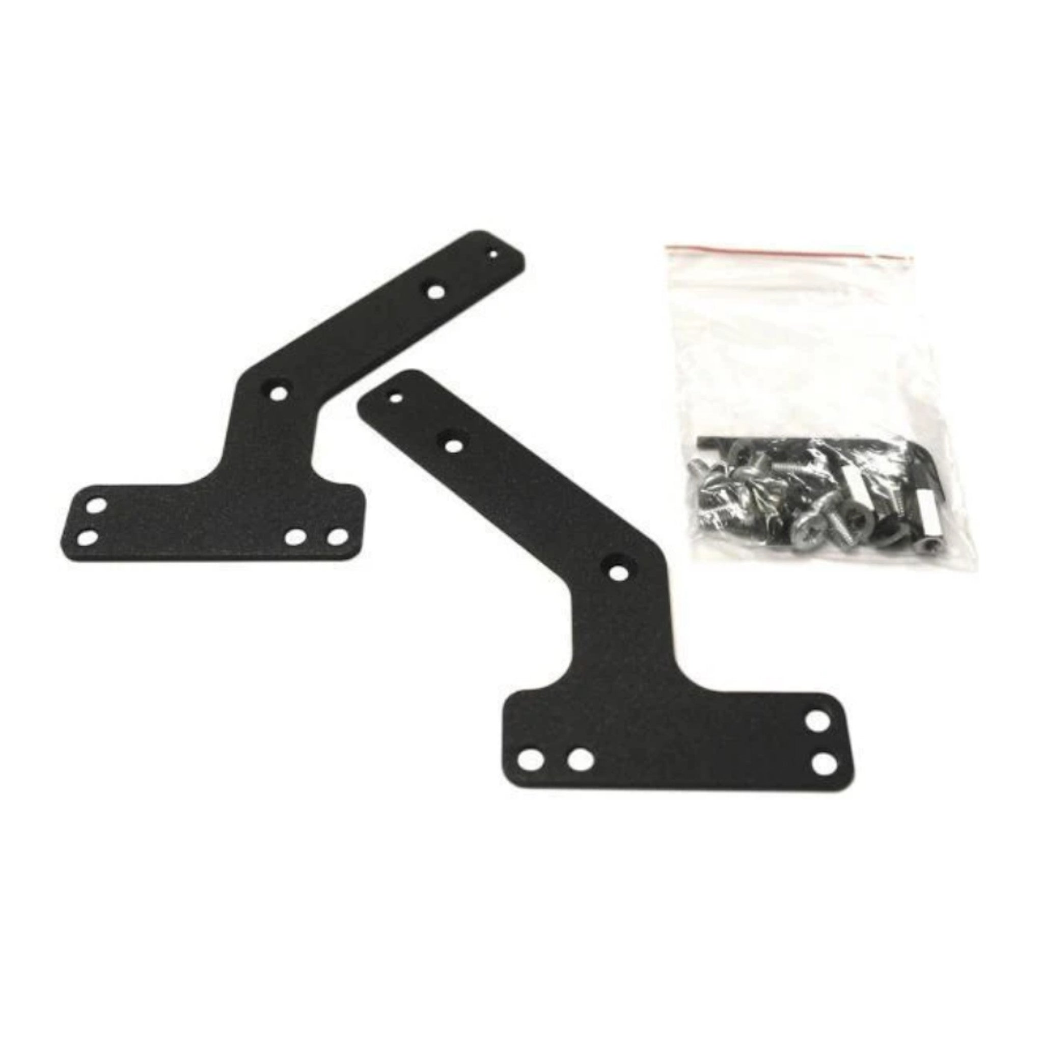 Two black metal mounting brackets with multiple holes and a small bag of screws and an Allen wrench on white background.
