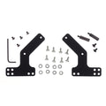 Two black metal mounting brackets with screws, washers, standoffs, and a hex key arranged on a white background.