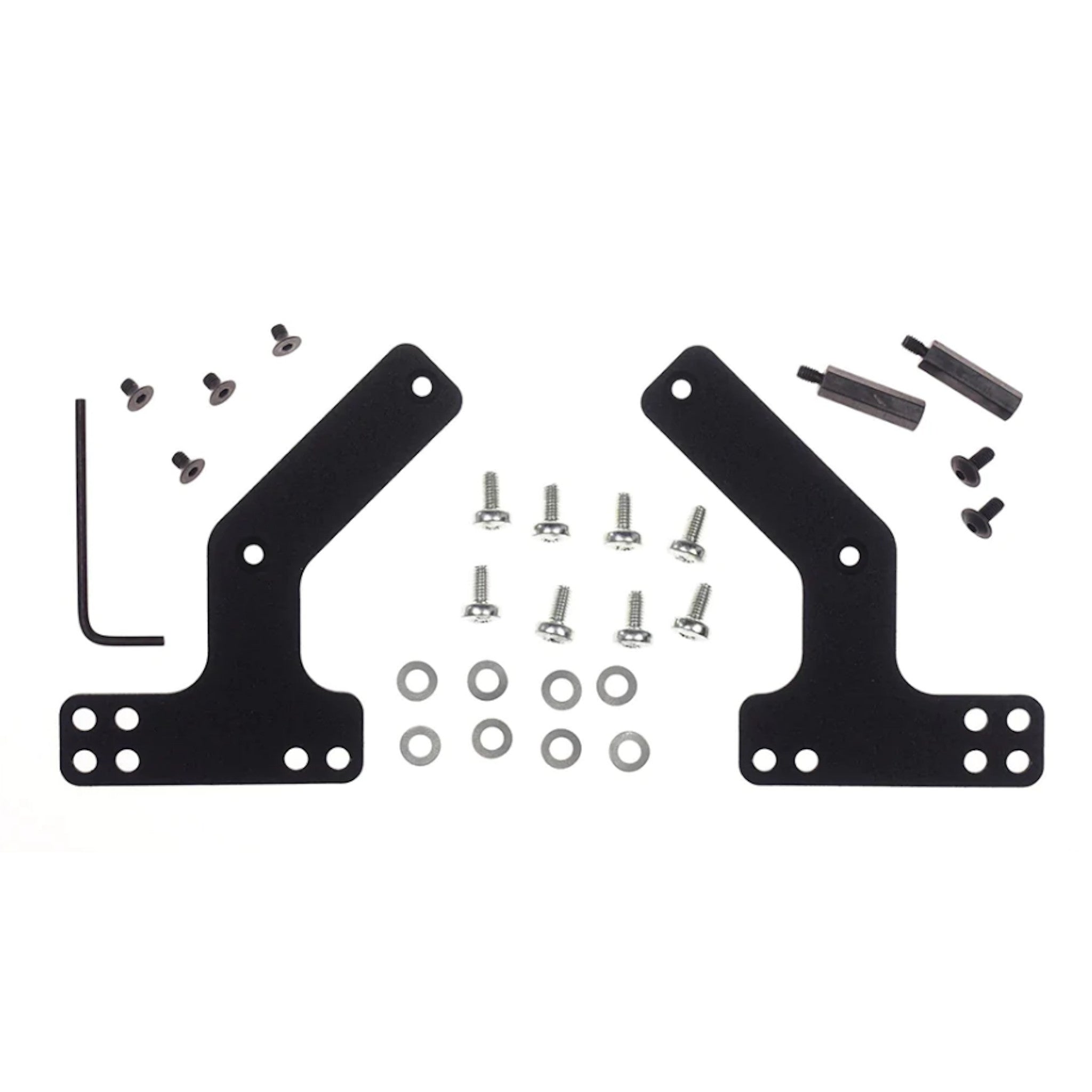 Two black metal mounting brackets with screws, washers, standoffs, and a hex key arranged on a white background.