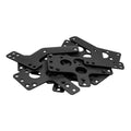 A pile of black metal mounting brackets with multiple holes and cutouts.
