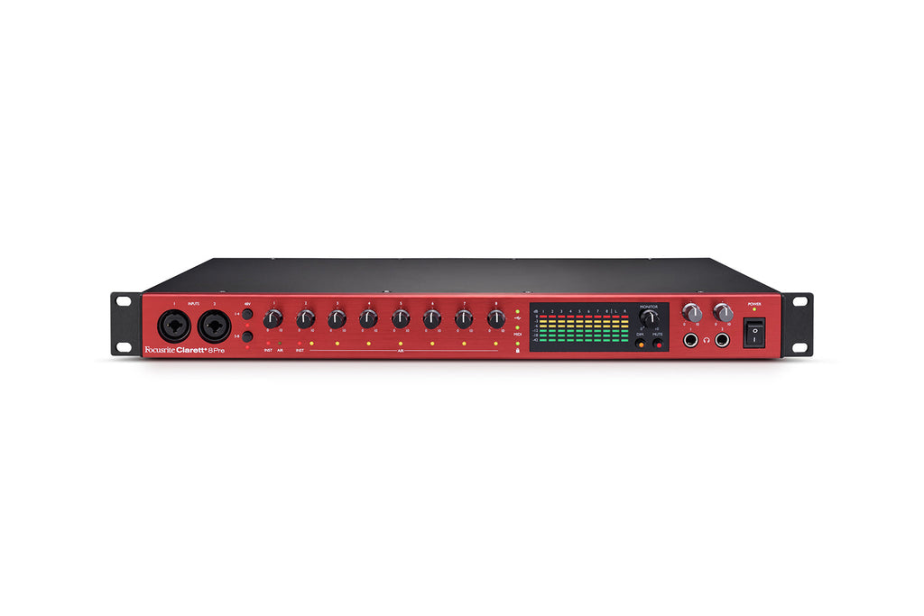 Front view of a rackmount audio interface with multiple input knobs, combo jacks, a level meter display, volume controls, and a power switch.