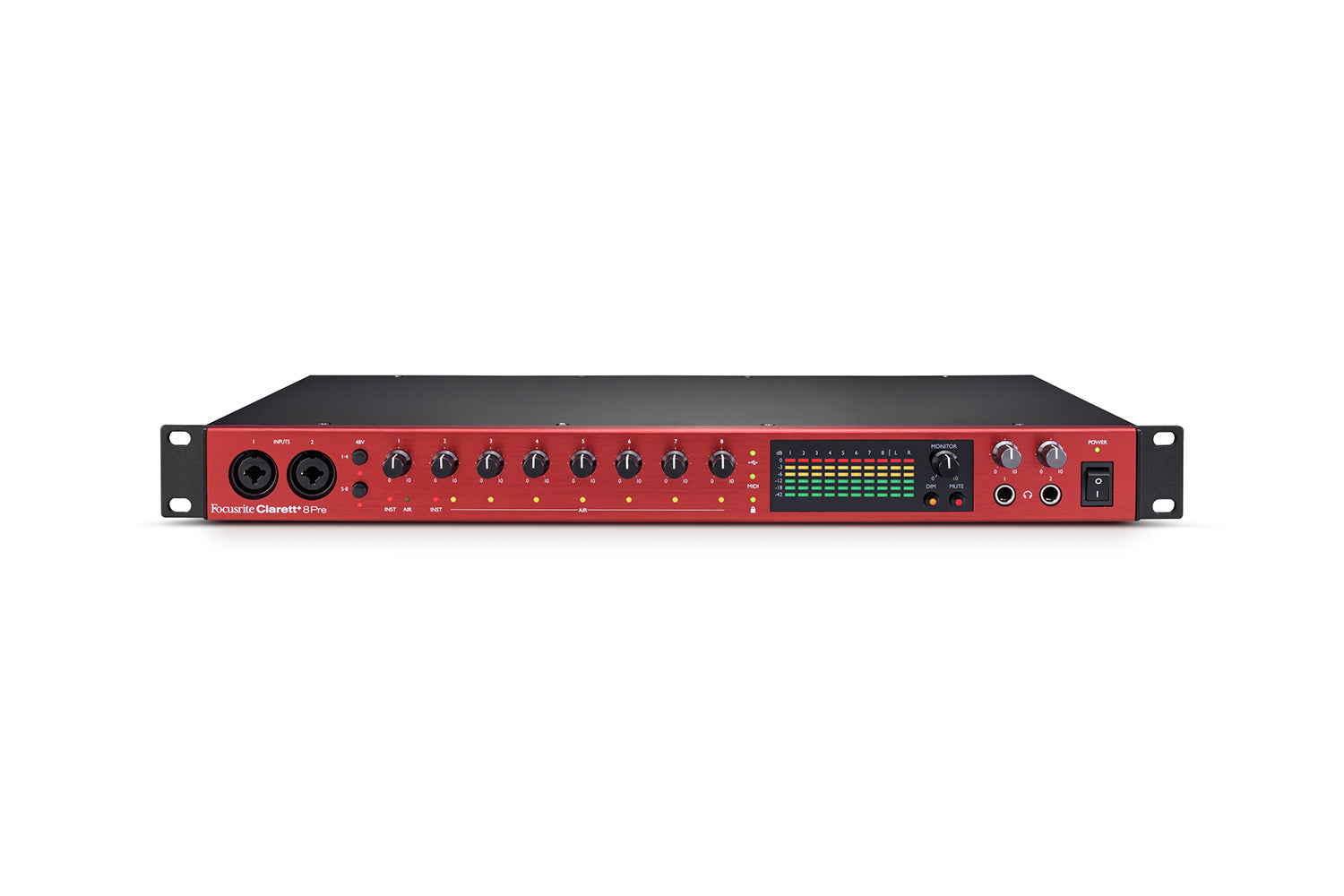 Front view of a rackmount audio interface with multiple input knobs, combo jacks, a level meter display, volume controls, and a power switch.