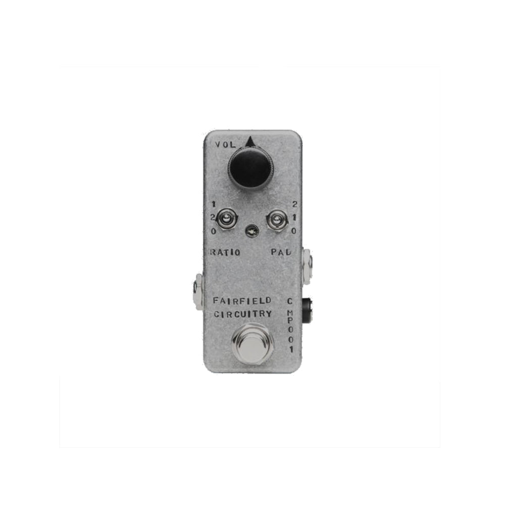 Small gray metal guitar effects pedal with one rotary knob, two toggle switches, one footswitch, and jacks on the sides.