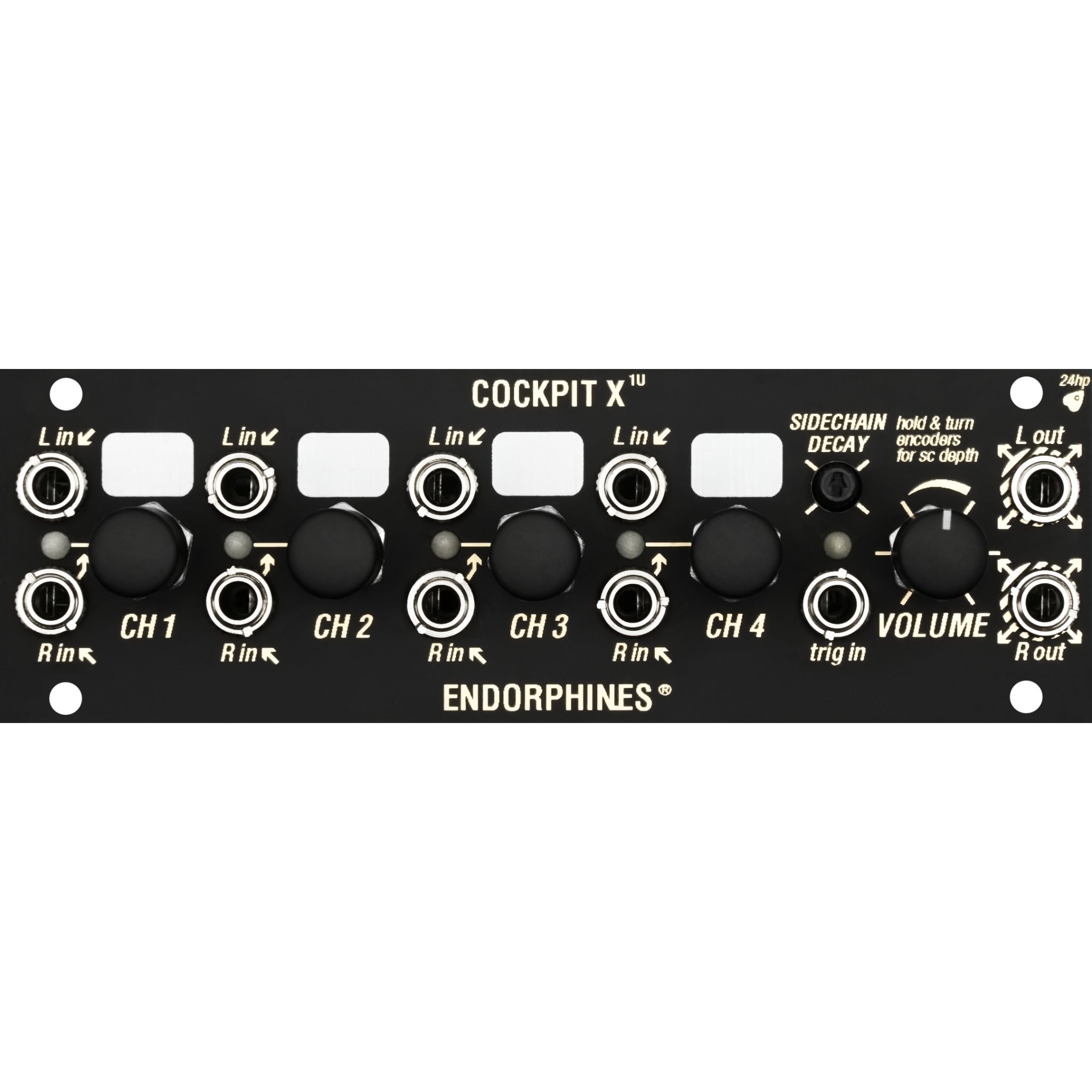 Black Endorphines Cockpit X 1U audio mixer module with four stereo channel inputs, sidechain control, and output jacks.