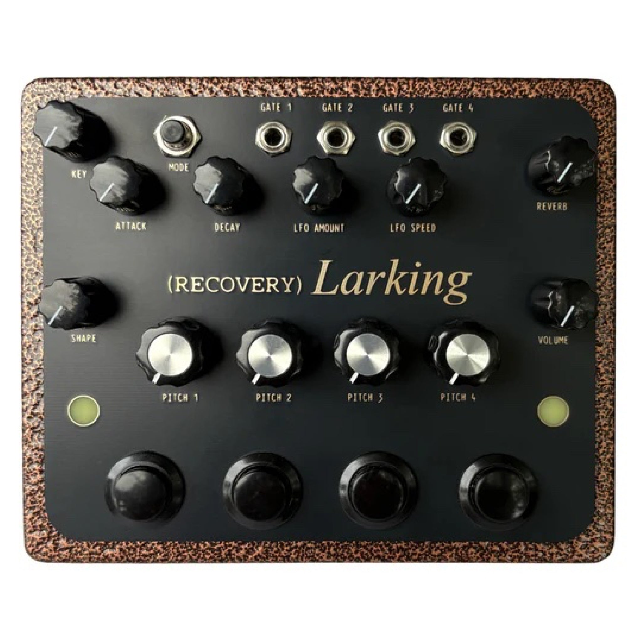 Top view of a black and copper synthesizer with multiple knobs, jacks labeled Gate 1-4, and footswitches.