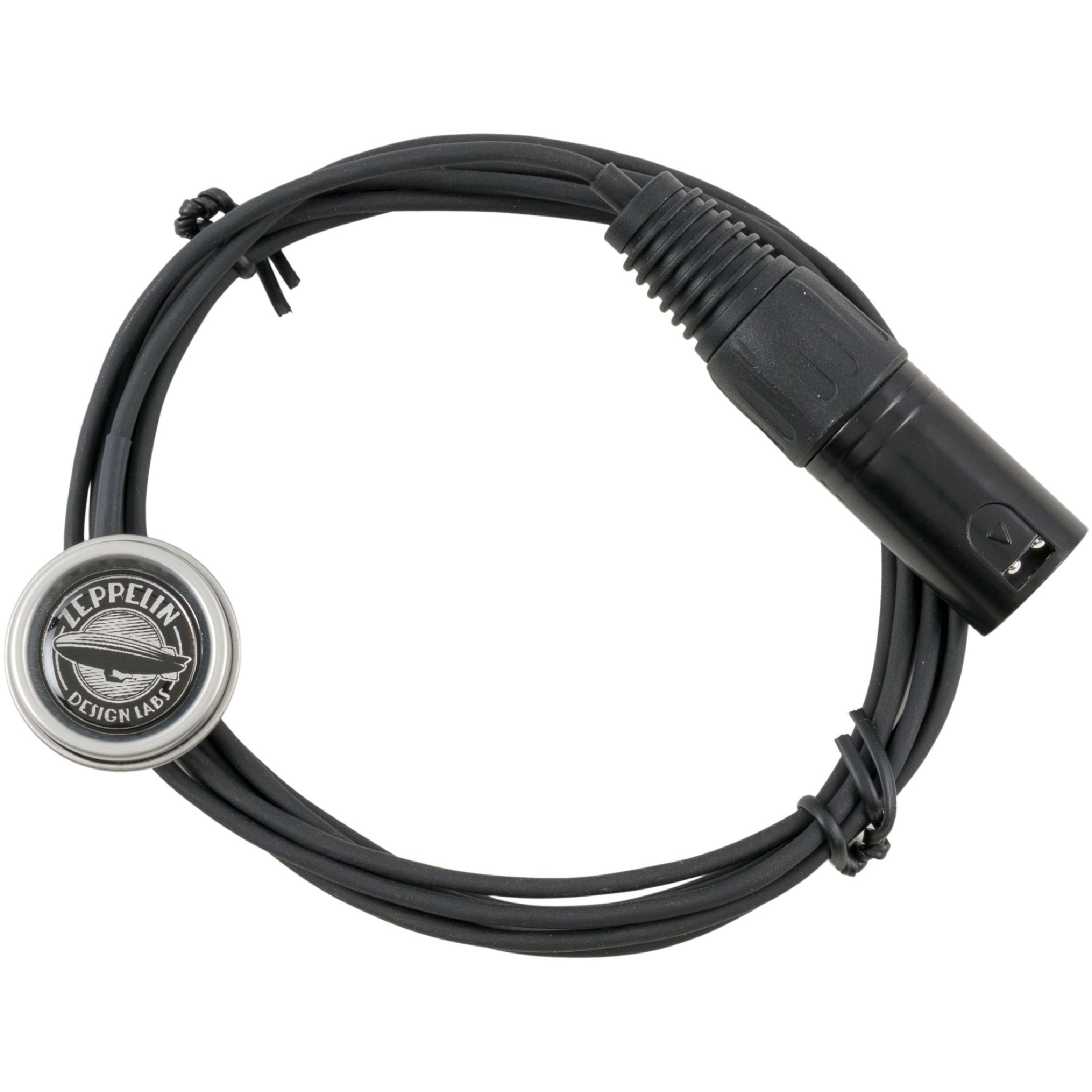 Black cable with a small round microphone capsule labeled Zeppelin Design Labs and a 3-pin XLR male connector