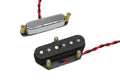 Two electric guitar pickups with black and silver covers and attached red and black wires on a white background.