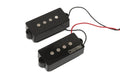 Two black electric bass pickups with four pole pieces and attached wires on a white background.