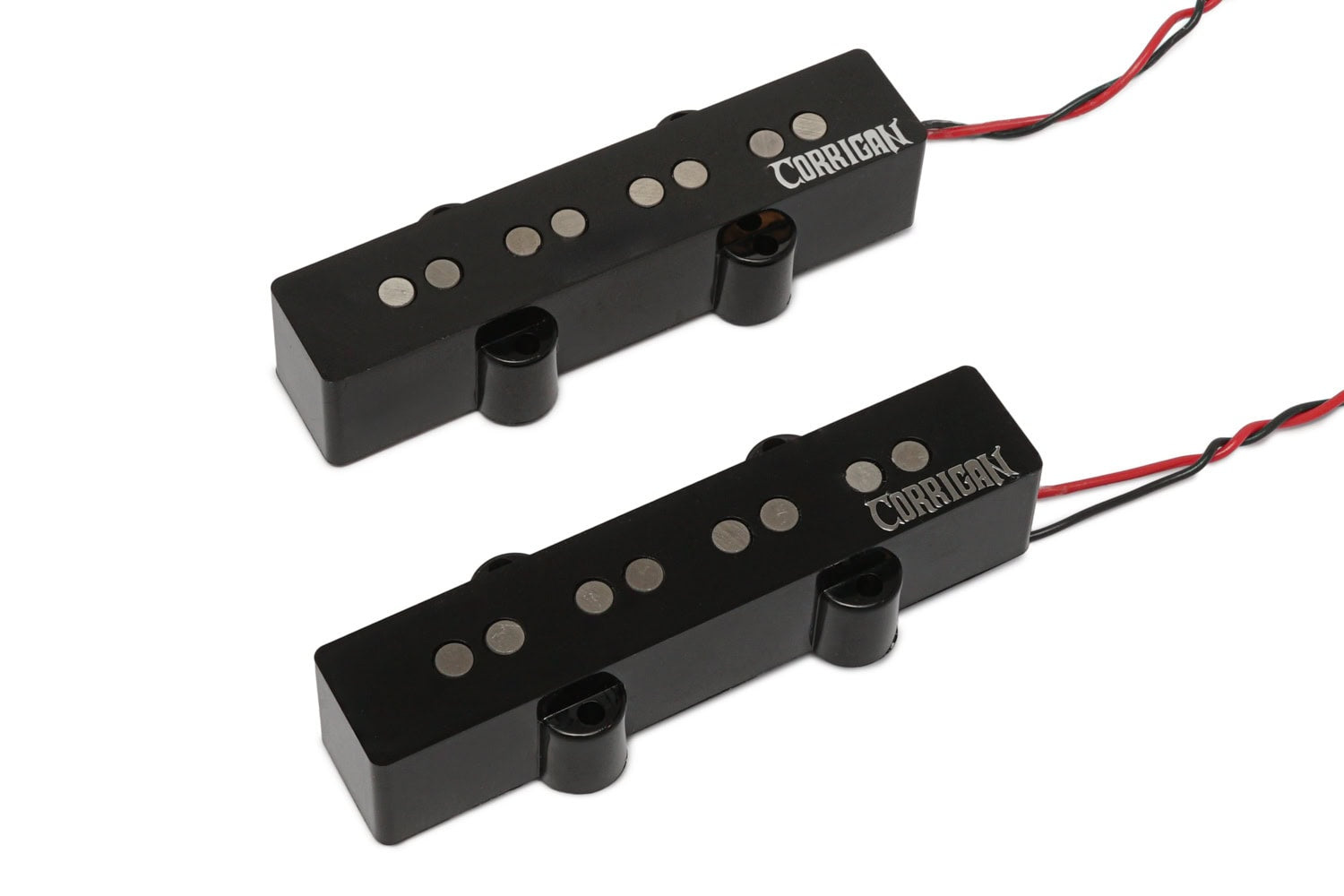 Two black rectangular electric bass guitar pickups with metal pole pieces and attached red and black wires.