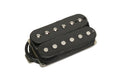 Black humbucker guitar pickup with silver pole pieces and attached black wire on white background.
