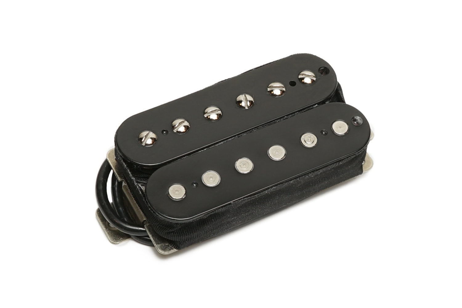 Black humbucker guitar pickup with silver pole pieces and attached black wire on white background.