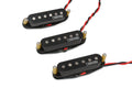 Three black single-coil guitar pickups with wire leads and Corrigan logo on each pickup cover.