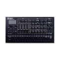 Black Roland SH-4d synthesizer with knobs, sliders, buttons, and a small screen on a white background.