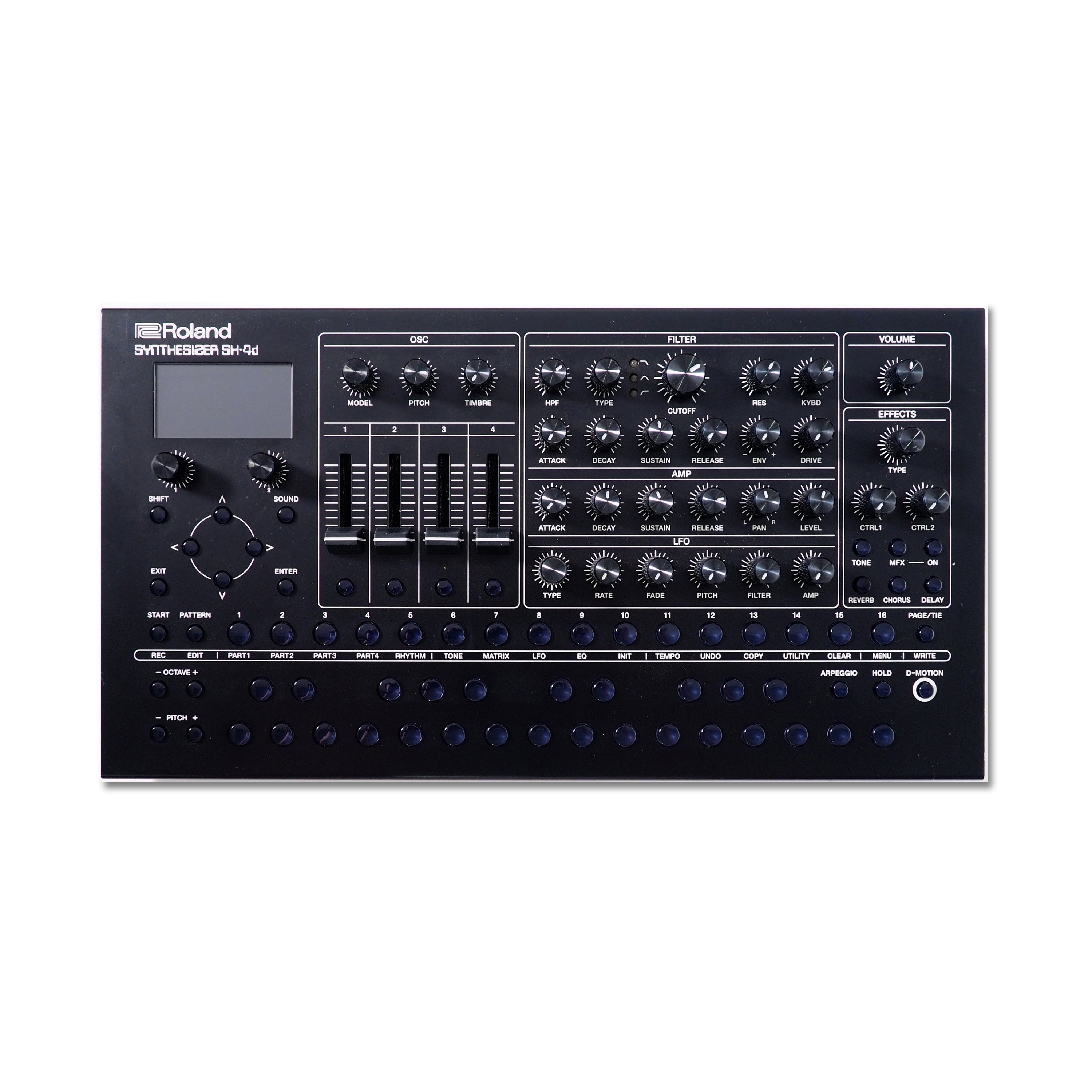 Black Roland SH-4d synthesizer with knobs, sliders, buttons, and a small screen on a white background.