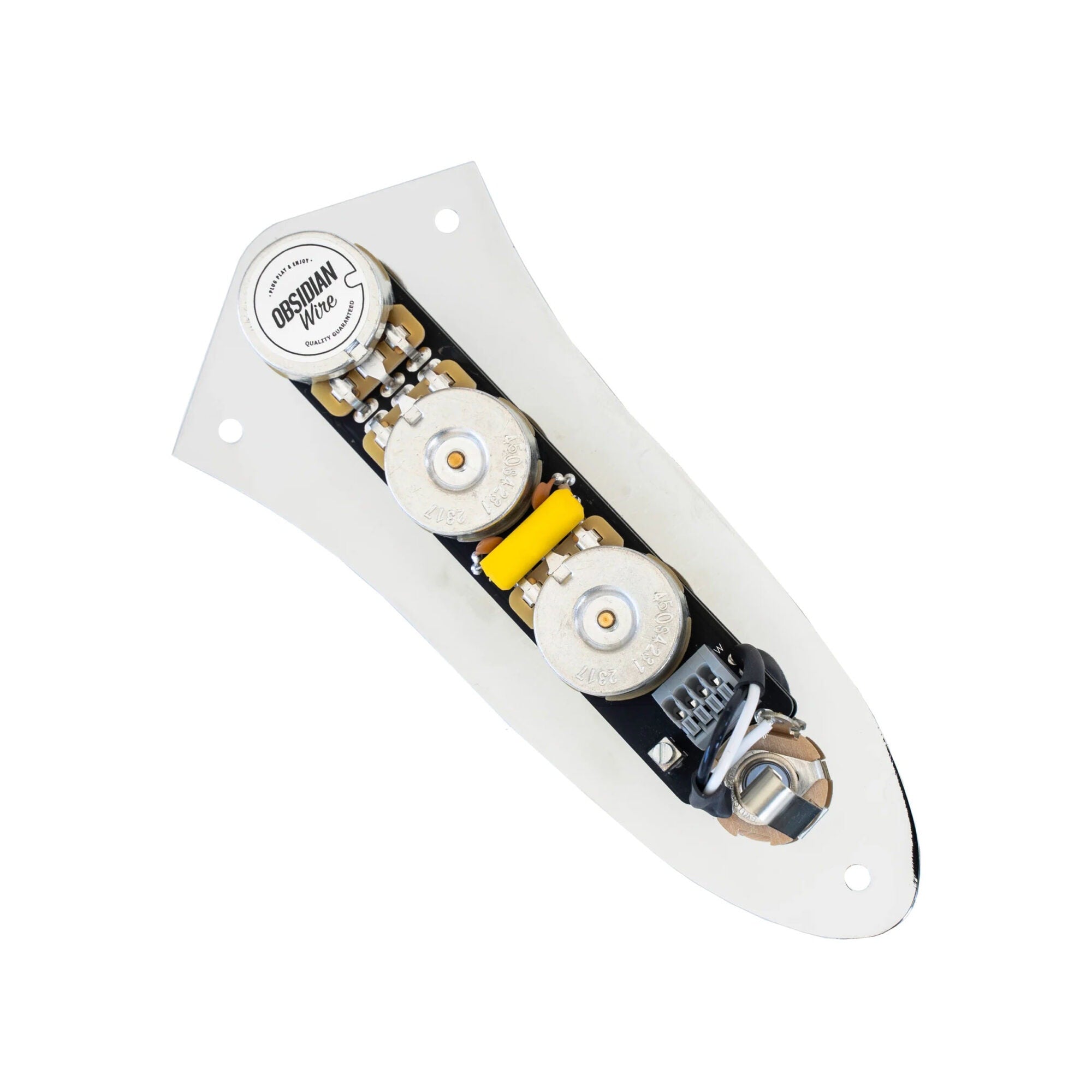 Chrome control plate with three rotary potentiometers and a wire connector block mounted on a circuit board.